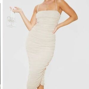 Pretty Little Thing Nude Strappy Mesh Ruched Midaxi Dress NWT